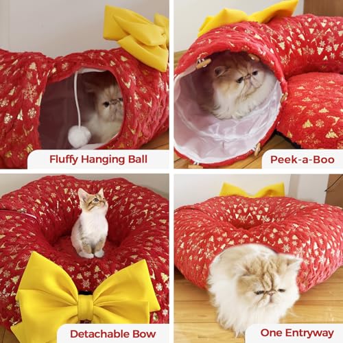 Christmas Cat Tunnel with Bowtie, Washable Circle Cushion and Plush Ball Toy, Red I195
