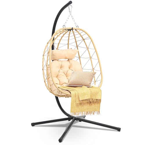 Egg Swing Chair with Stand Wicker Egg Chair with Cushions Beige I3134