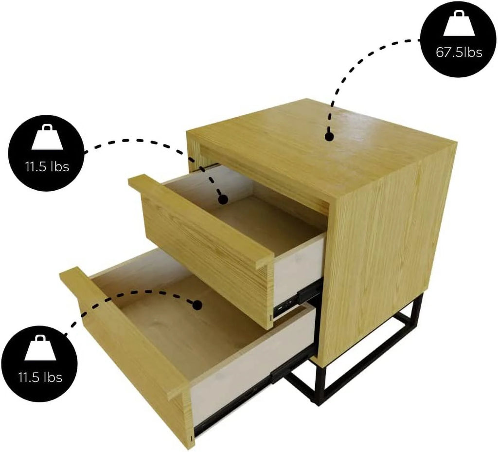 Natural Oak Solid Wood Nightstand with Two Drawers K37902