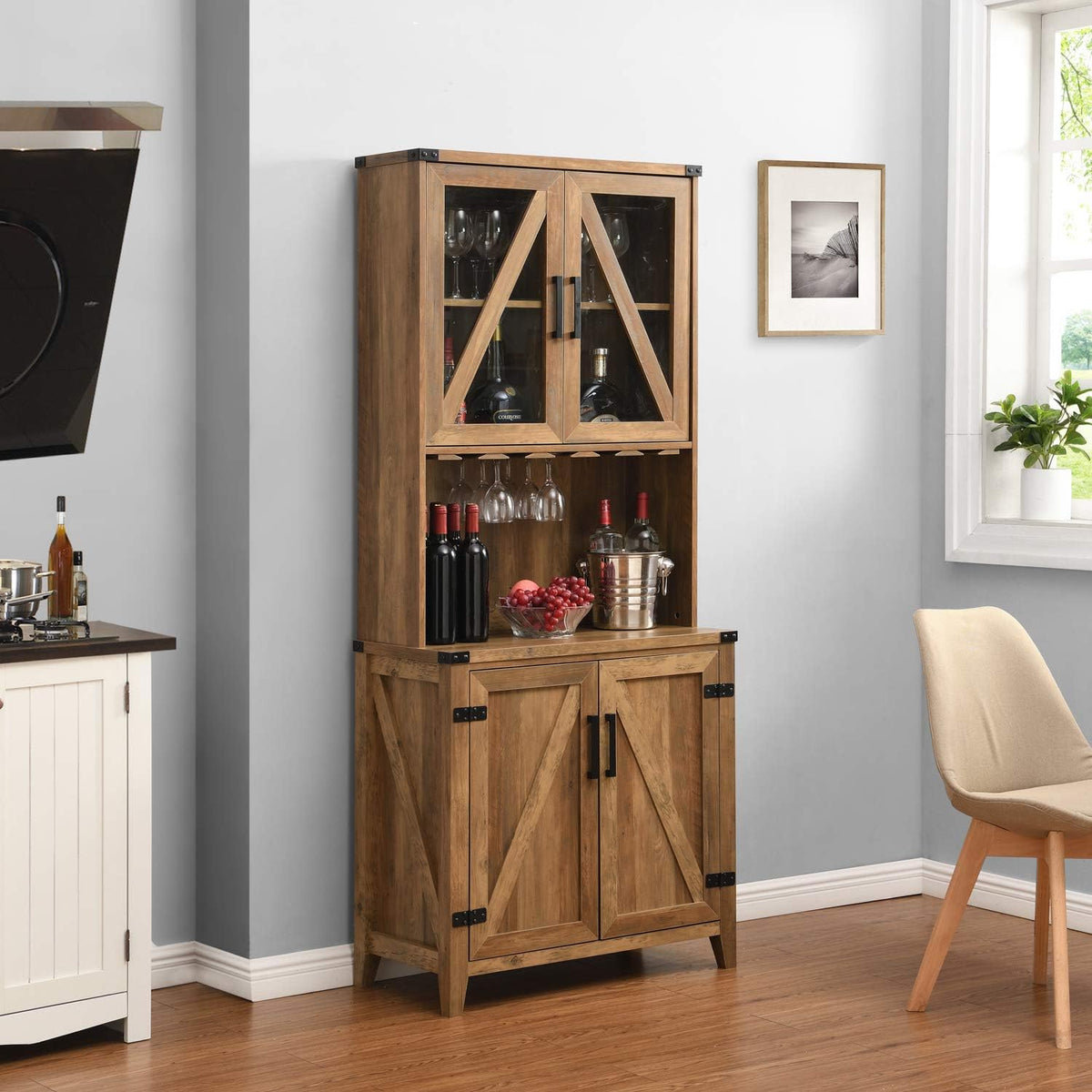 Bar Cabinet with Glass Cabinet and Barn Wood Finish H5057
