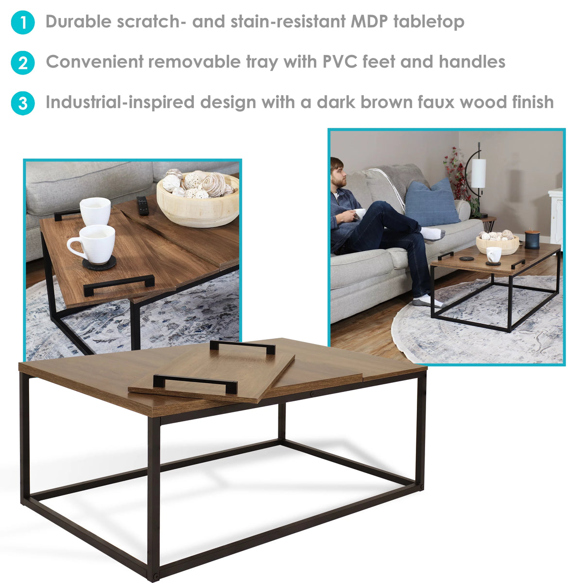 Brown Coffee Table with Removable Serving Tray U305469