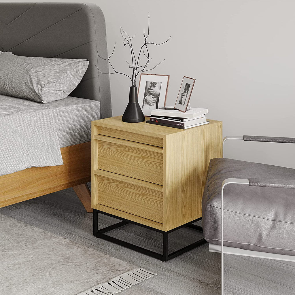 Natural Oak Solid Wood Nightstand with Two Drawers K37902
