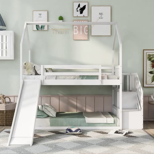 Twin Over Twin White Wood Bunk Bed with Slide and Storage Staircase C93287
