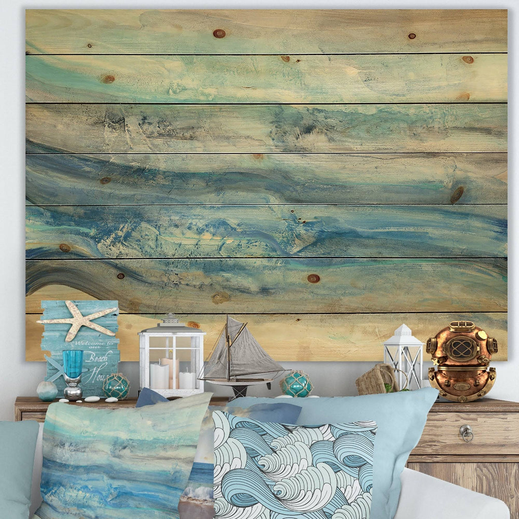 Blue Nautical Coastal Print on Natural Pine Wood 40 in. Wide x 30 in. High W96601