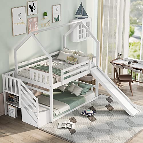 Twin Over Twin White Wood Bunk Bed with Slide and Storage Staircase C93287