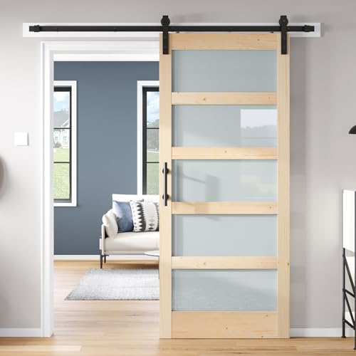 42x84 inch Frosted Glass Sliding Barn Door with Hardware Kit E3540
