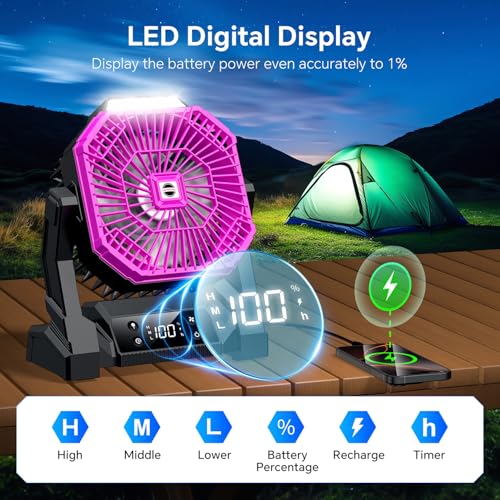 Portable Camping Fan with LED Lantern, 15000mAh Rechargeable Battery Operated Fan with 3 Speeds K90218