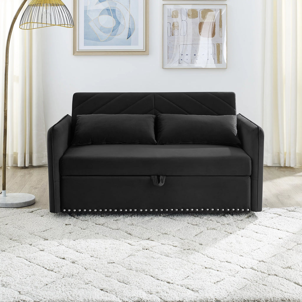 Black Velvet 3 in 1 Sleeper Sofa Couch Bed with 2 USB Ports J14056