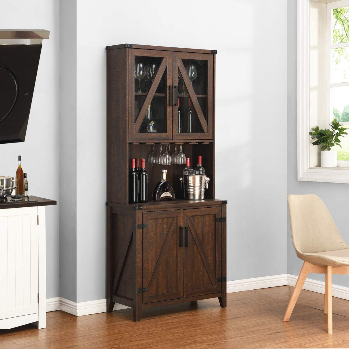 Bar Cabinet with Glass Cabinet and Barn Wood Finish H5057