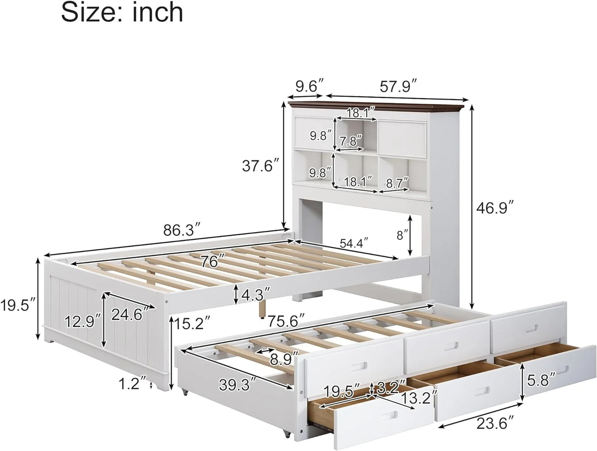 White Full Size Wood Platform Bed with Bookcase Headboard and 3 Storage Drawers K343104