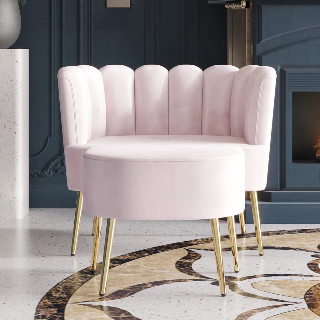 Light Pink Upholstered Velvet Chair with Stool C190