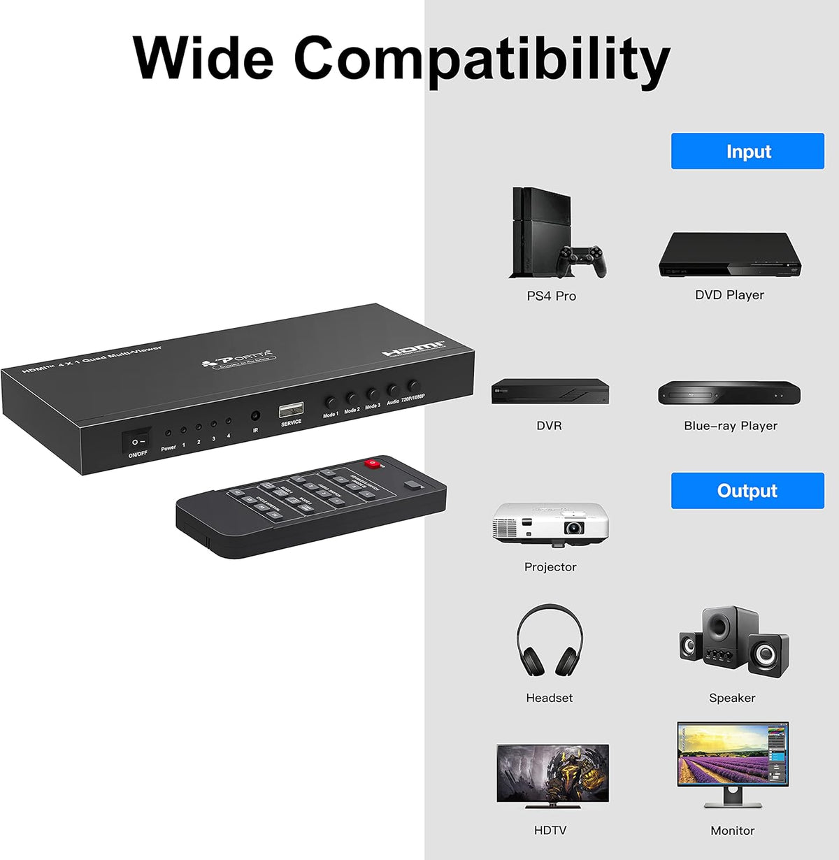 HDMI Multiviewer Switch 4x1, 4 in 1 Out with Loop, Audio Extractor, 1080p R250