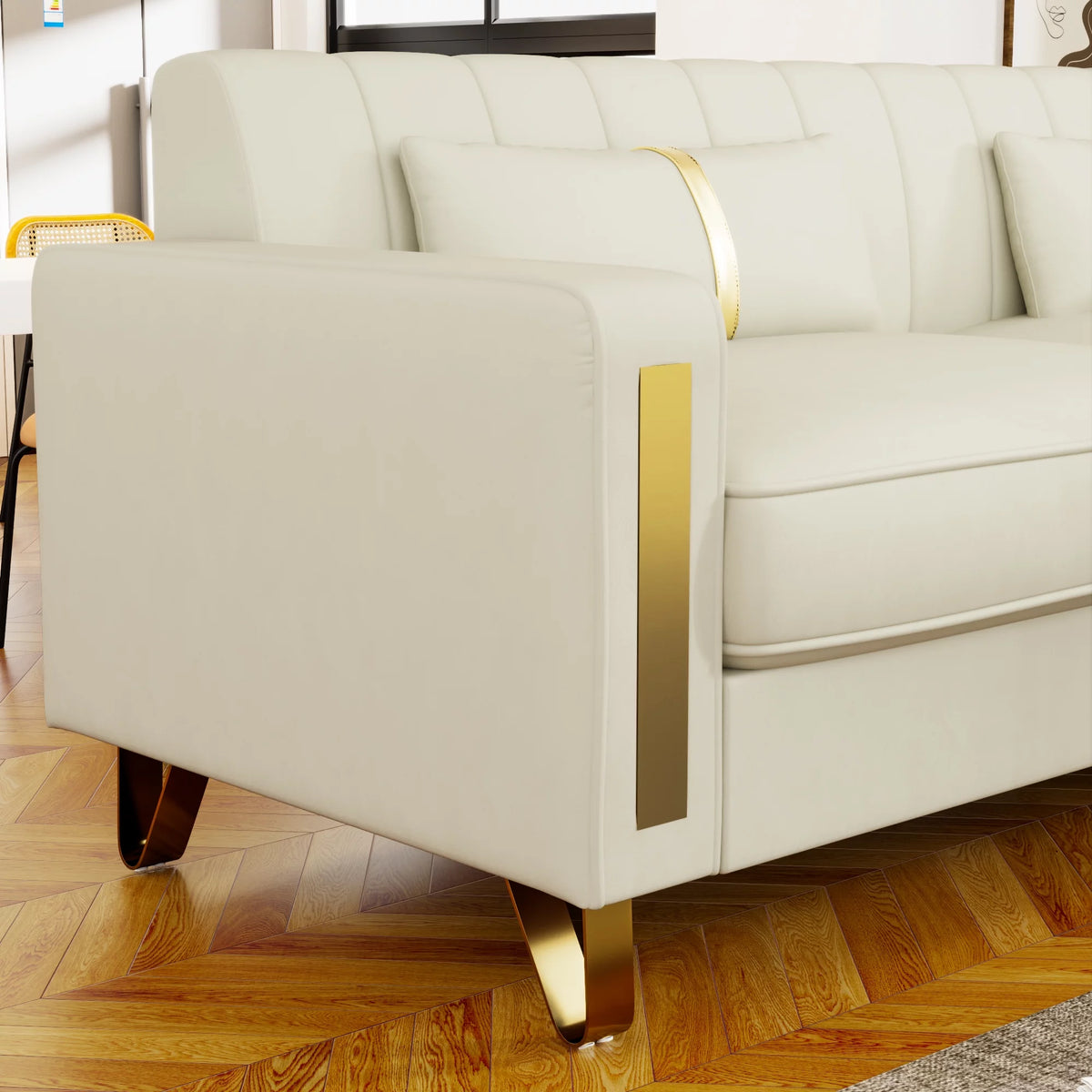 Velvet Upholstered Sofa with Pillows Gold Metal Legs Q915