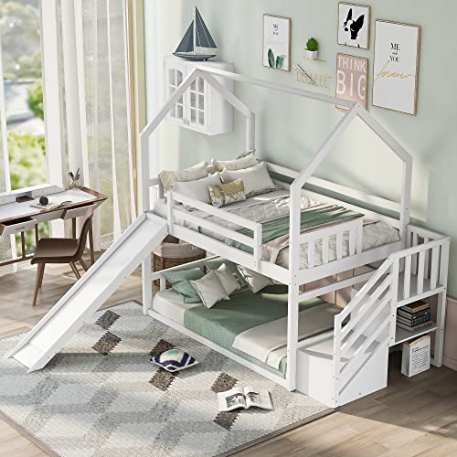 Twin Over Twin White Wood Bunk Bed with Slide and Storage Staircase C93287