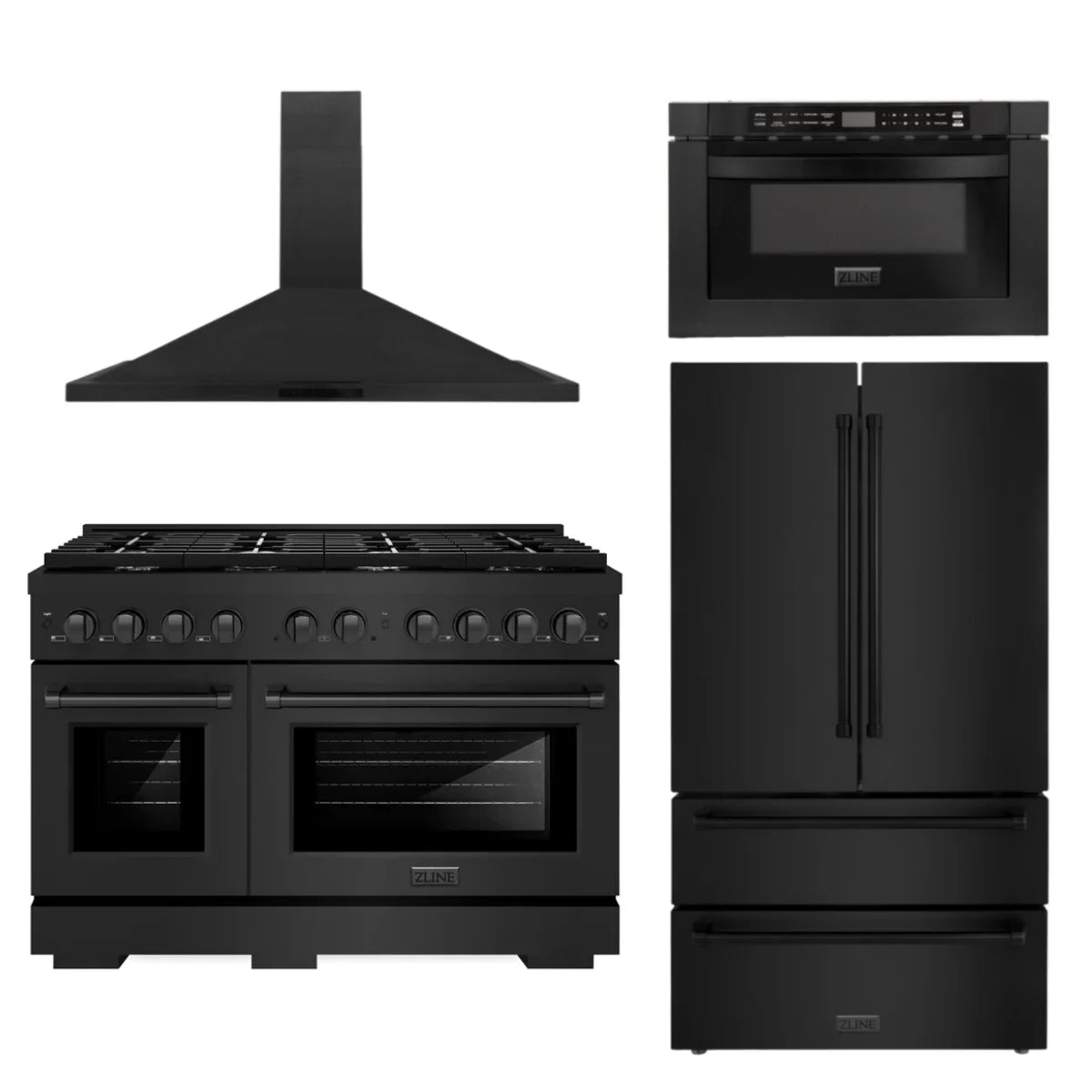 48 In. Gas Range, Refrigerator, Range Hood, Microwave Drawer in Black Stainless Steel R850
