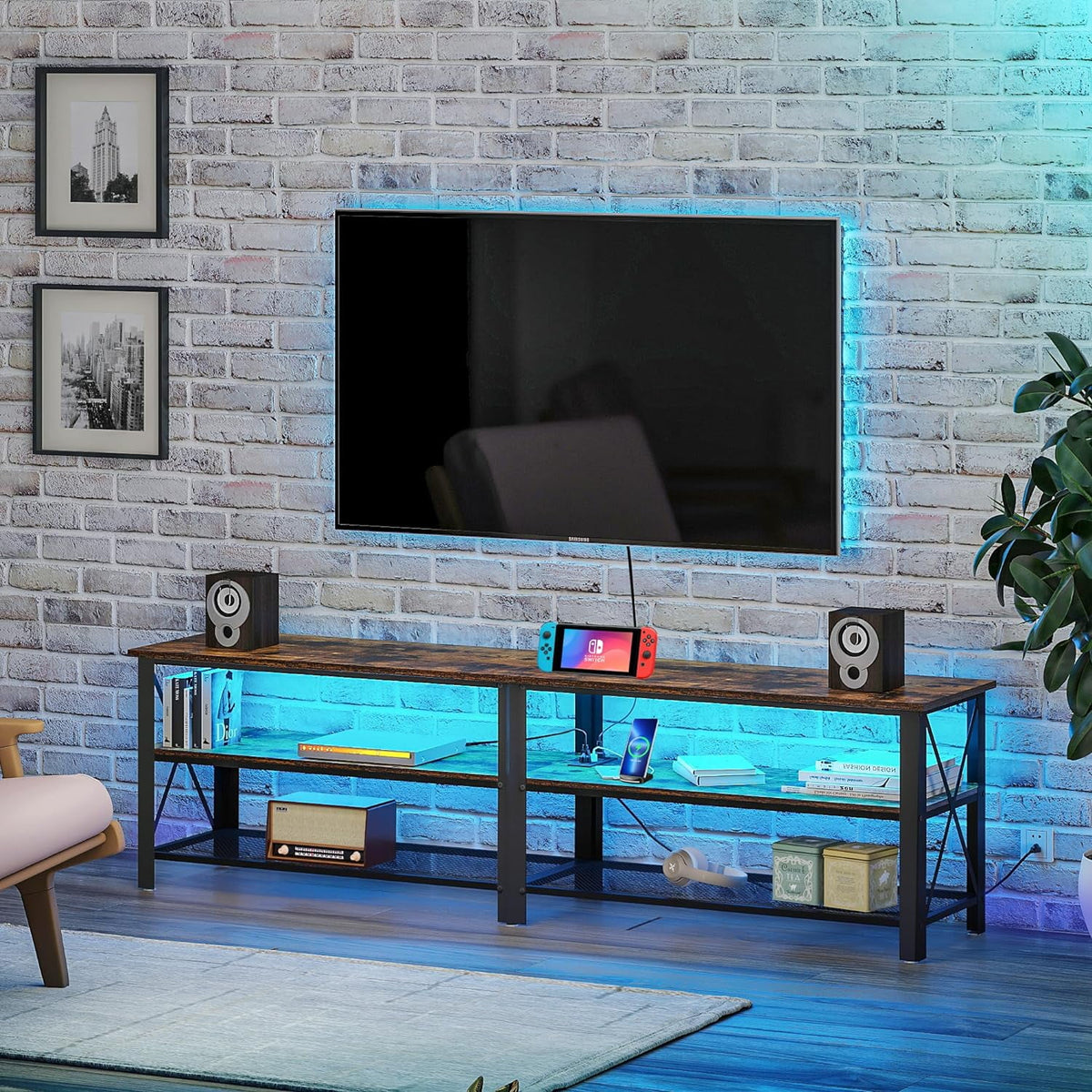 Brown 71 inch Metal TV Stand with LED Lights and Power Outlets W4781