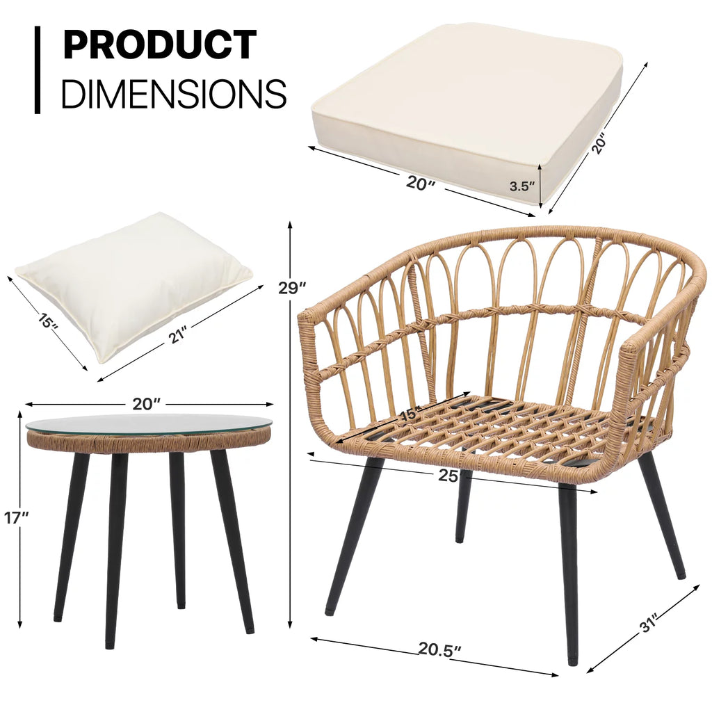 3 Pieces Outdoor Patio Furniture Rattan Wicker Table & Chairs Set U2080
