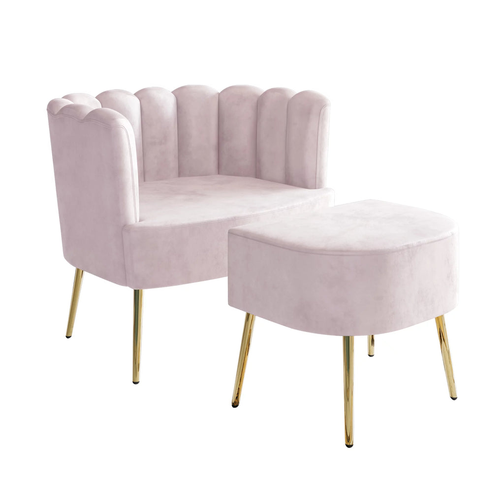 Light Pink Upholstered Velvet Chair with Stool C190