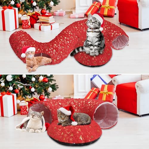 Christmas Cat Tunnel with Bowtie, Washable Circle Cushion and Plush Ball Toy, Red I195