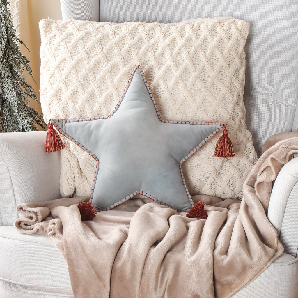 Star Shaped Pillow With Tassels Light Blue 16in K72540