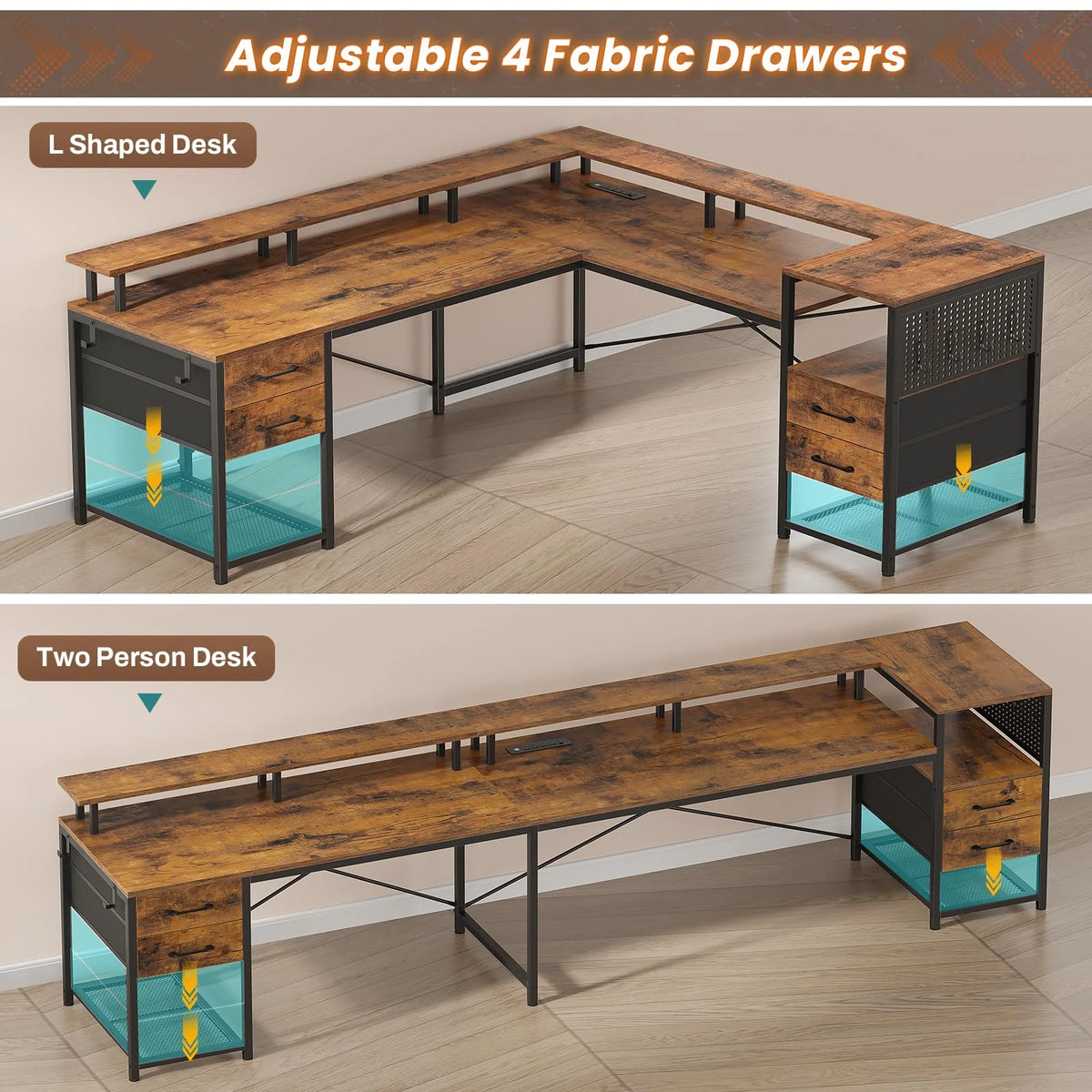 L Shaped Desk with 4 Fabric Drawers F7705