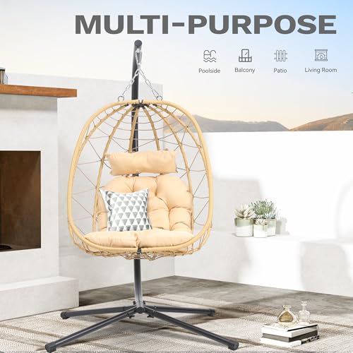 Egg Swing Chair with Stand Wicker Egg Chair with Cushions Beige I3134