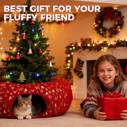 Christmas Cat Tunnel with Bowtie, Washable Circle Cushion and Plush Ball Toy, Red I195