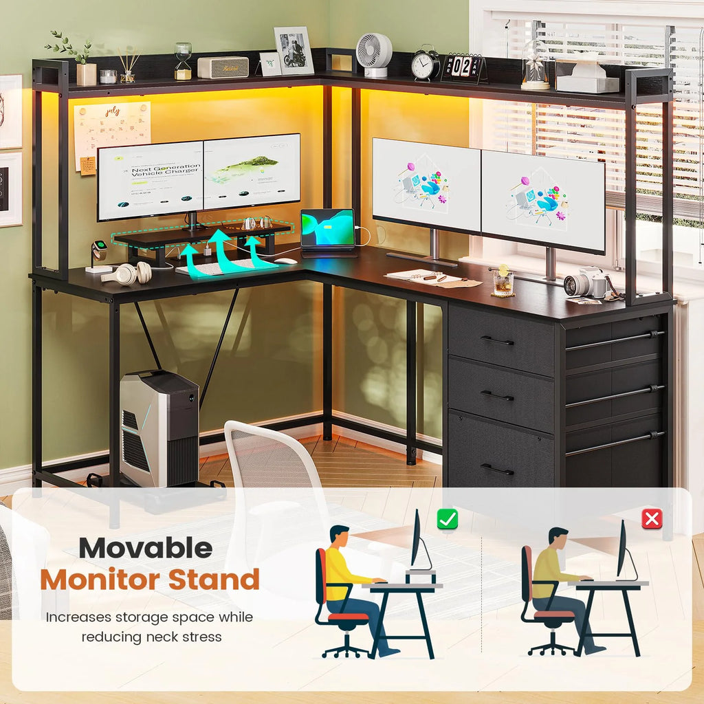 L Shaped Gaming Desk with Hutch and Drawers, Black V83700