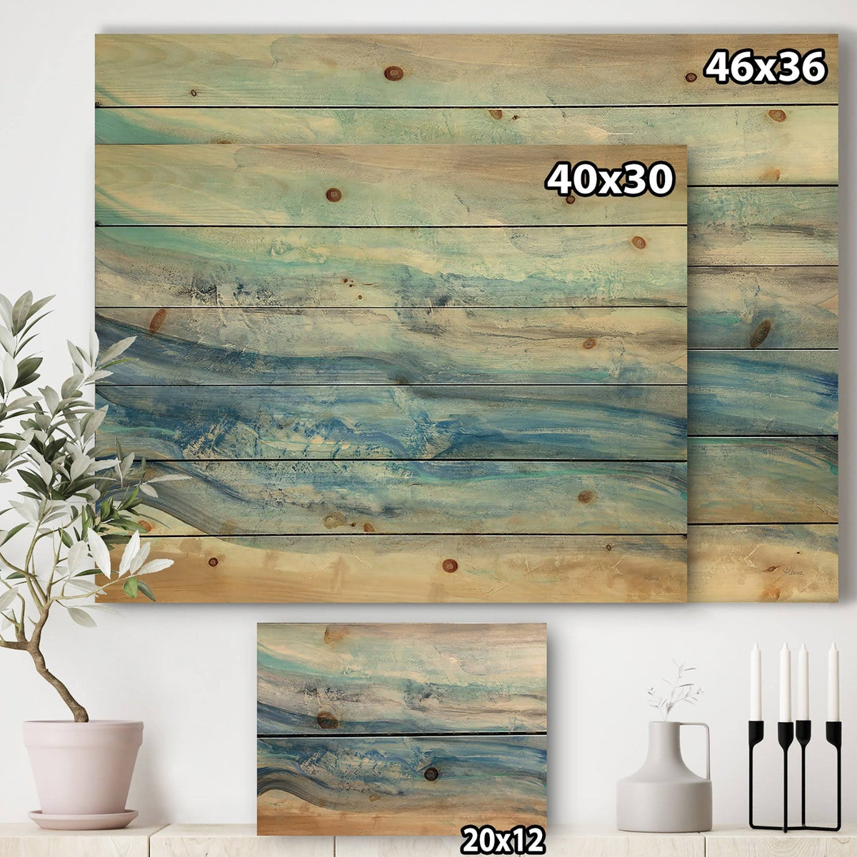 Blue Nautical Coastal Print on Natural Pine Wood 40 in. Wide x 30 in. High W96601