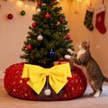 Christmas Cat Tunnel with Bowtie, Washable Circle Cushion and Plush Ball Toy, Red I195