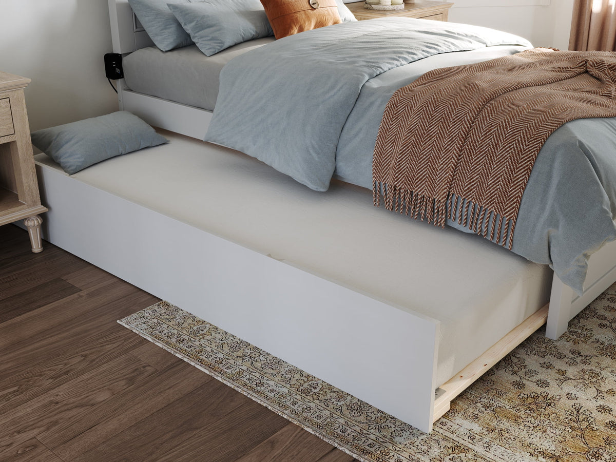 White Solid Wood Platform Bed with Footboard & Twin Trundle A873354