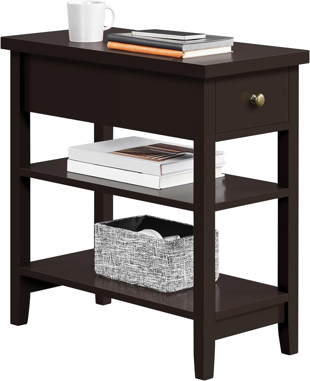3-Tier Narrow Side Table with Drawer and Storage Shelves, Espresso C663