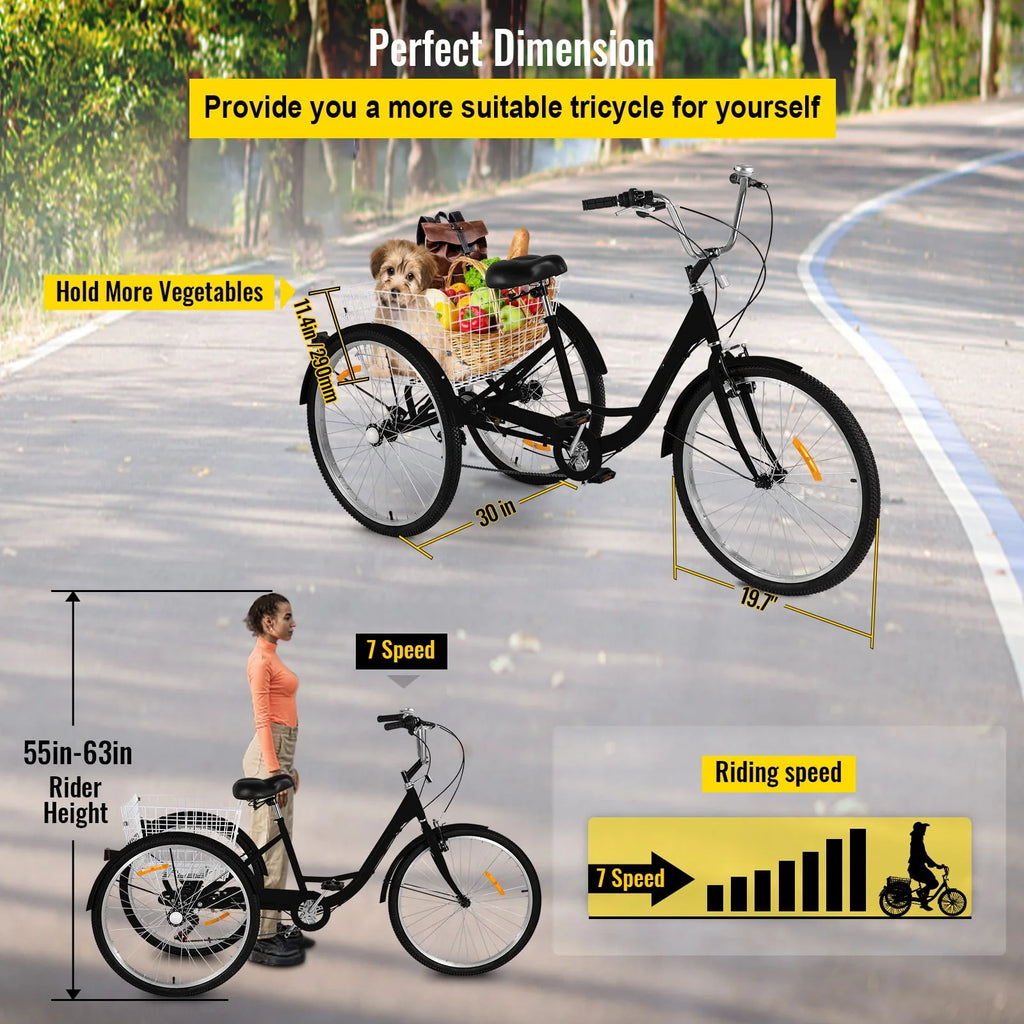 7-Speed 3 Wheel Adult Tricycle 24'' Yellow with Large Basket L516848