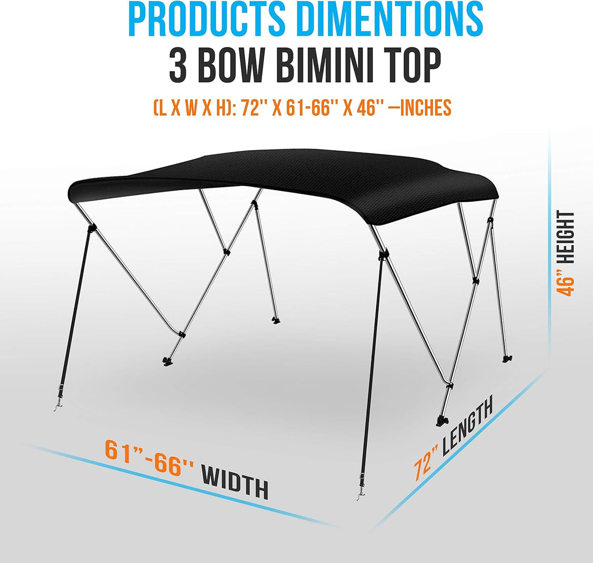 Waterproof 61-66W 3 Bow Boat Bimini Top Canvas Sun Shade with Storage Boot Q887