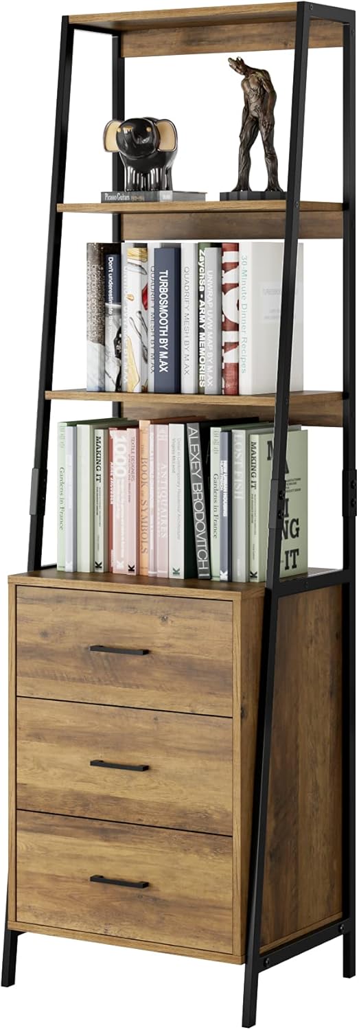 Dark Brown 3 Tier Ladder Shelves with Fabric Drawers D607