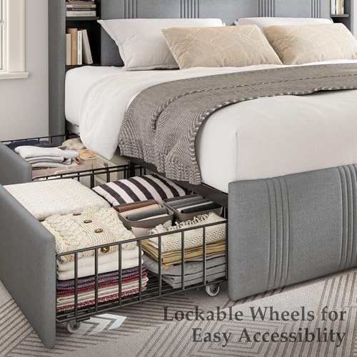 King Size Upholstered Platform Bed Frame with 4 Storage Drawers W65390