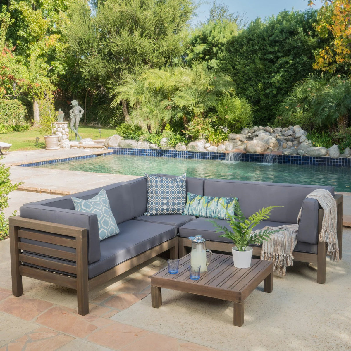 4 Piece Wooden Patio Sectional Sofa Set with Gray Cushions Y282329