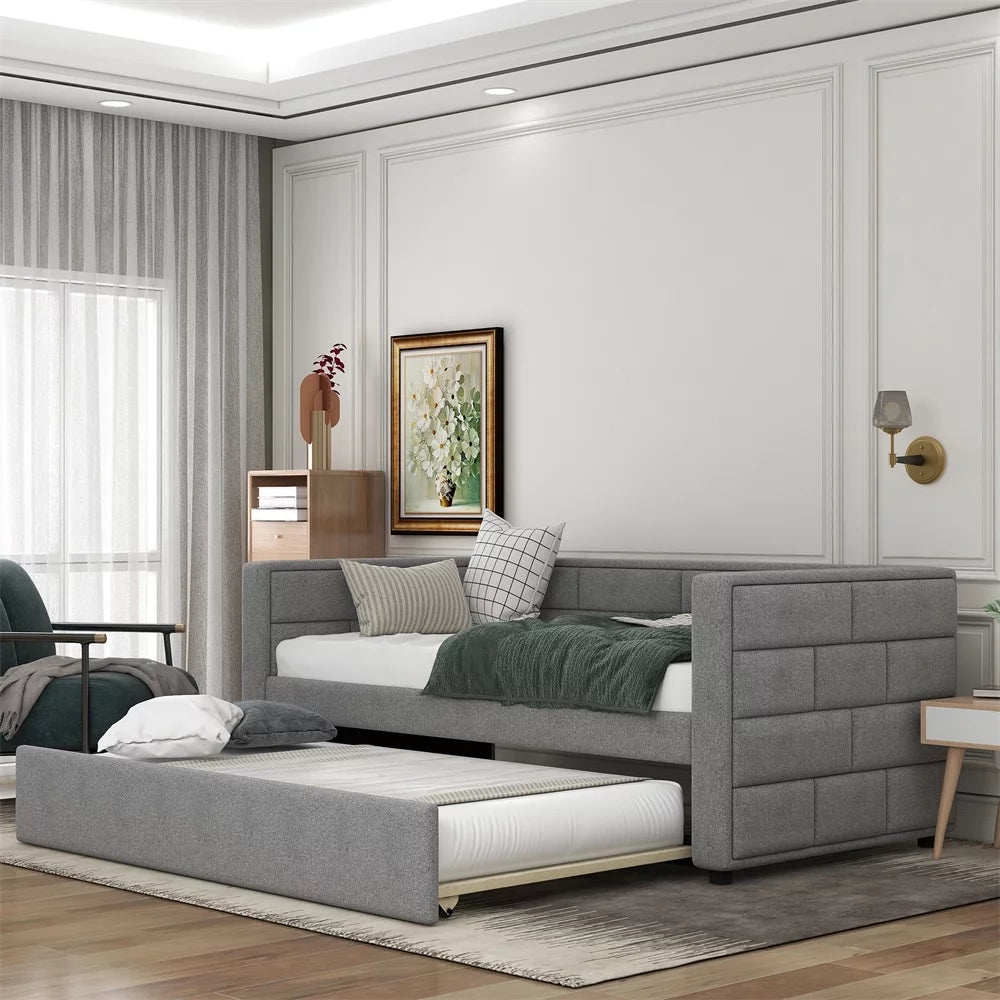 Gray Twin Upholstered Daybed with Trundle and Storage Drawers X820463