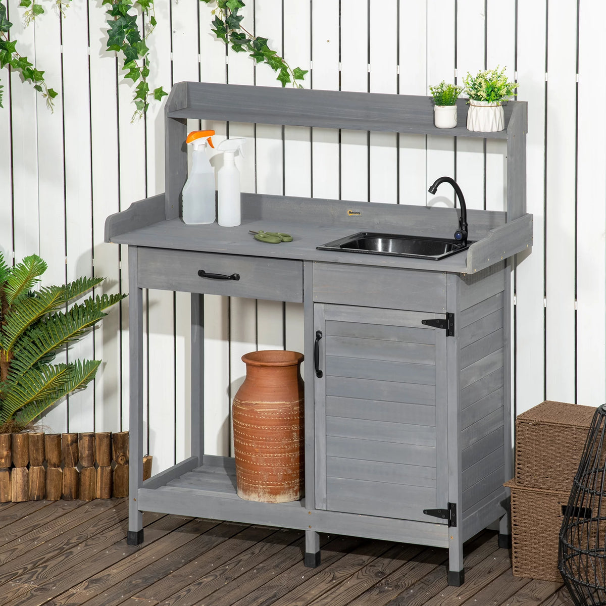 Potting Bench Prep Table with Faucet, Sink, and Storage Cabinet B9435