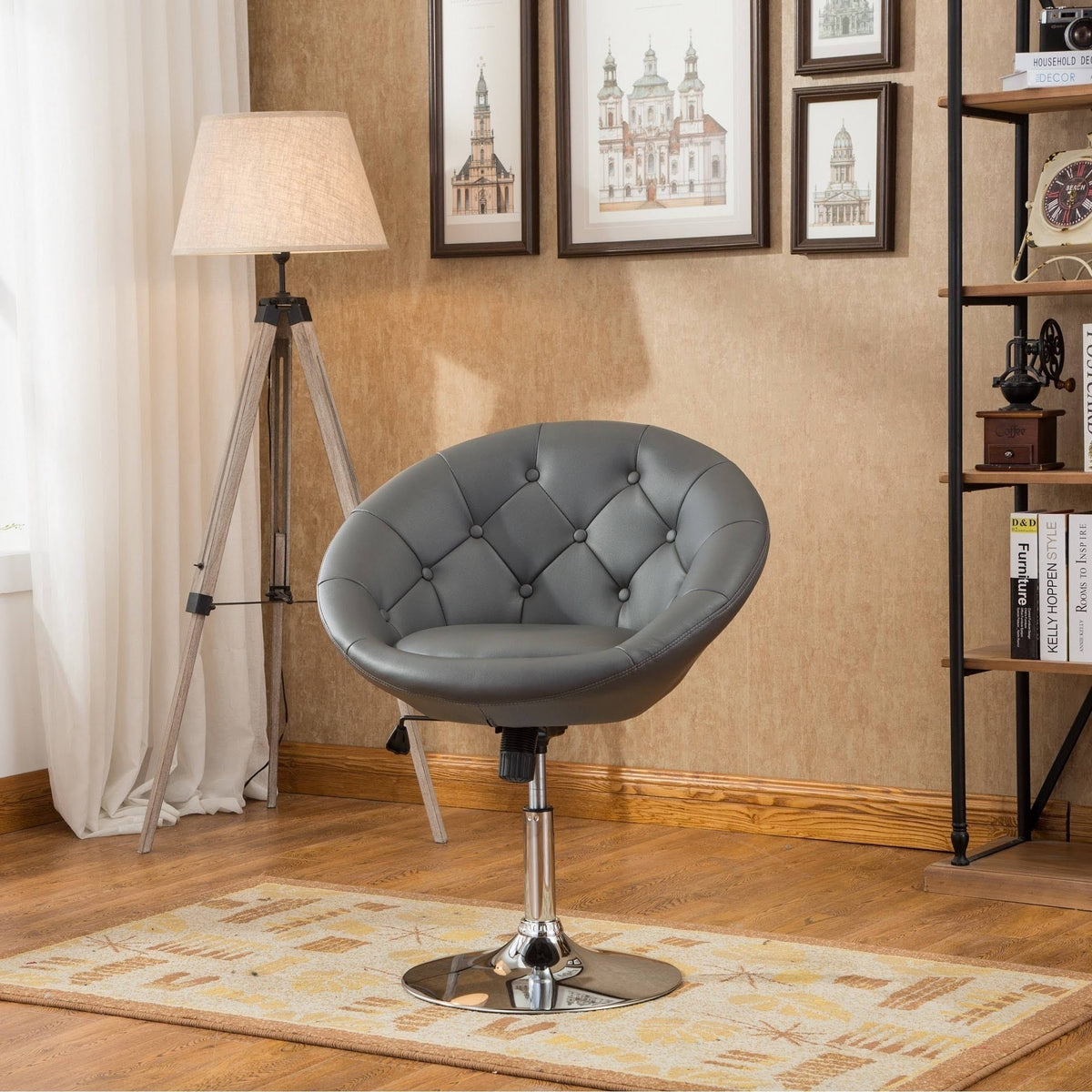Grey Bonded Leather Chrome Tufted Back Tilt Swivel Accent Chair R568609