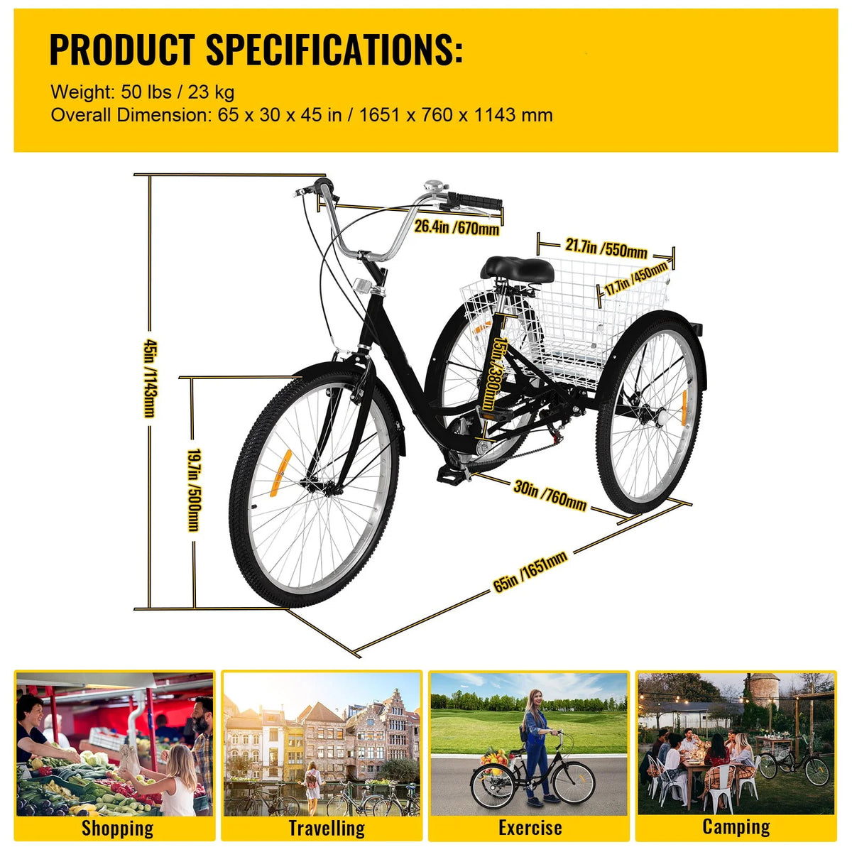 7-Speed 3 Wheel Adult Tricycle 24'' Yellow with Large Basket L516848