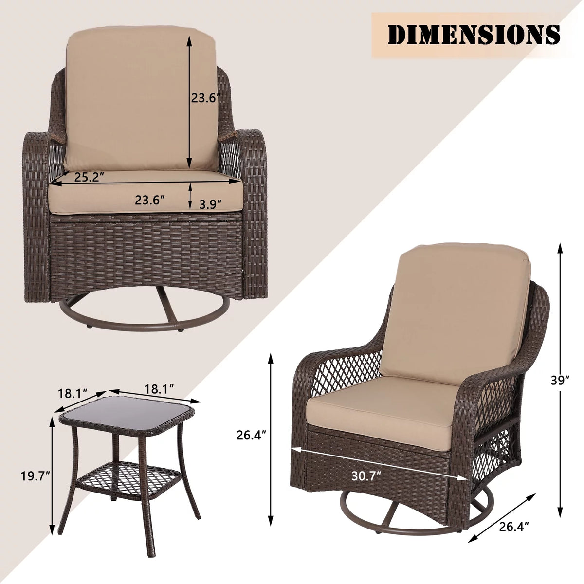 3-Pieces Patio Wicker Furniture Set with Side Table and Cushions J786