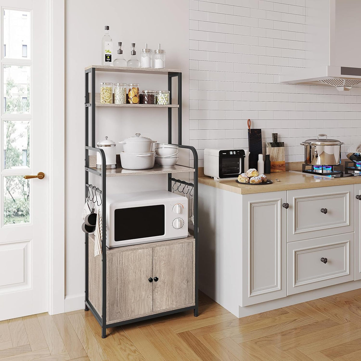 4-Tier Kitchen Bakers Rack with Storage Cabinet and Hutch L9584
