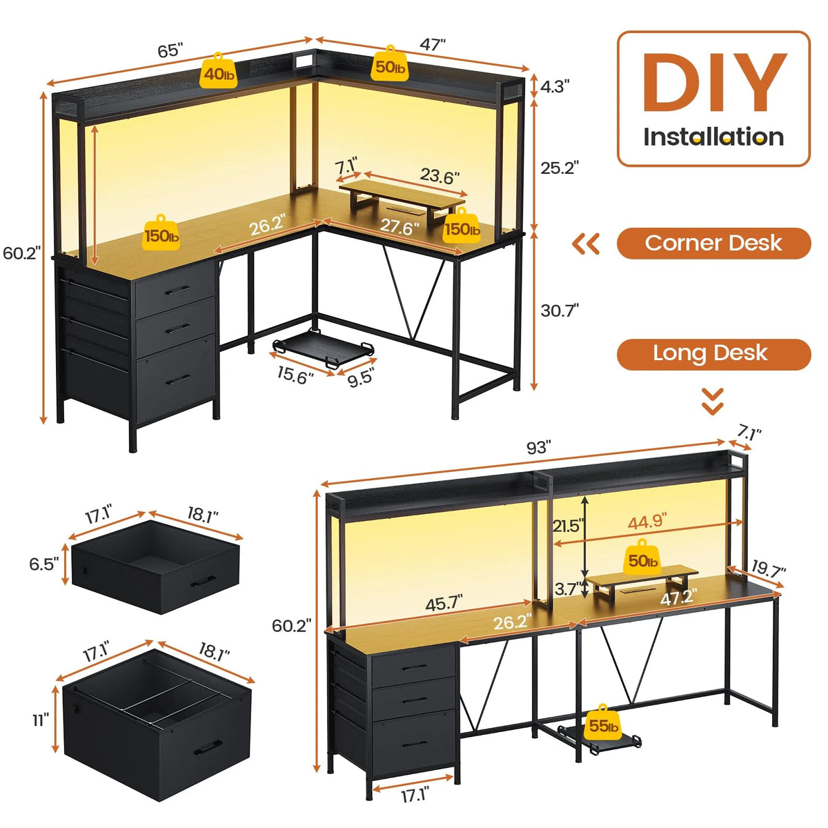 L Shaped Gaming Desk with Hutch and Drawers, Black V83700
