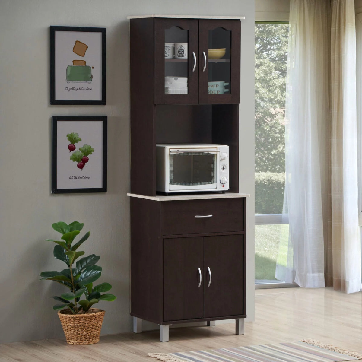 4-Door 1-Drawer Kitchen China Cabinet in Chocolate Wood G8277