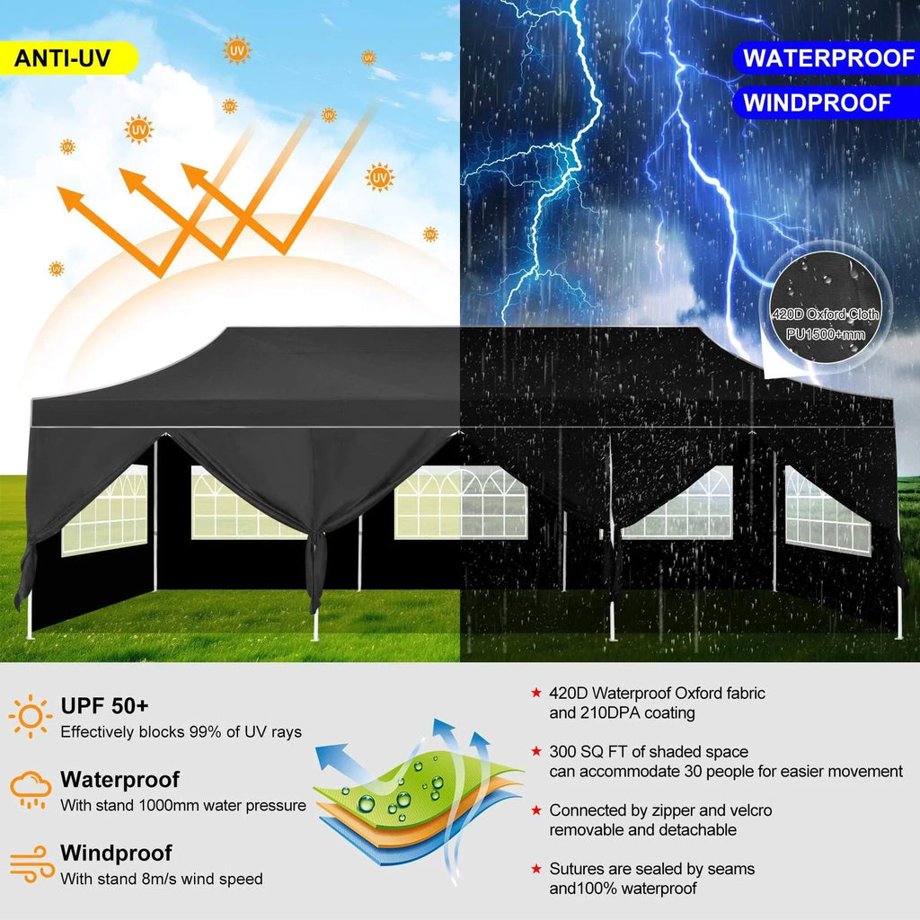 10'x30' Pop Up Canopy with 8 Removable Sidewalls, Black K53042