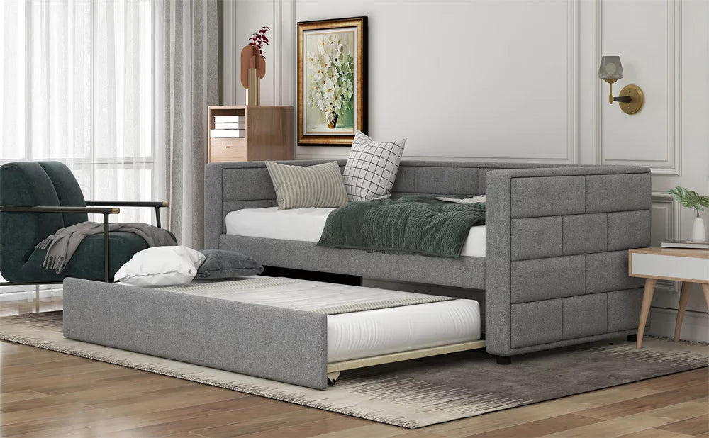 Gray Twin Upholstered Daybed with Trundle and Storage Drawers X820463
