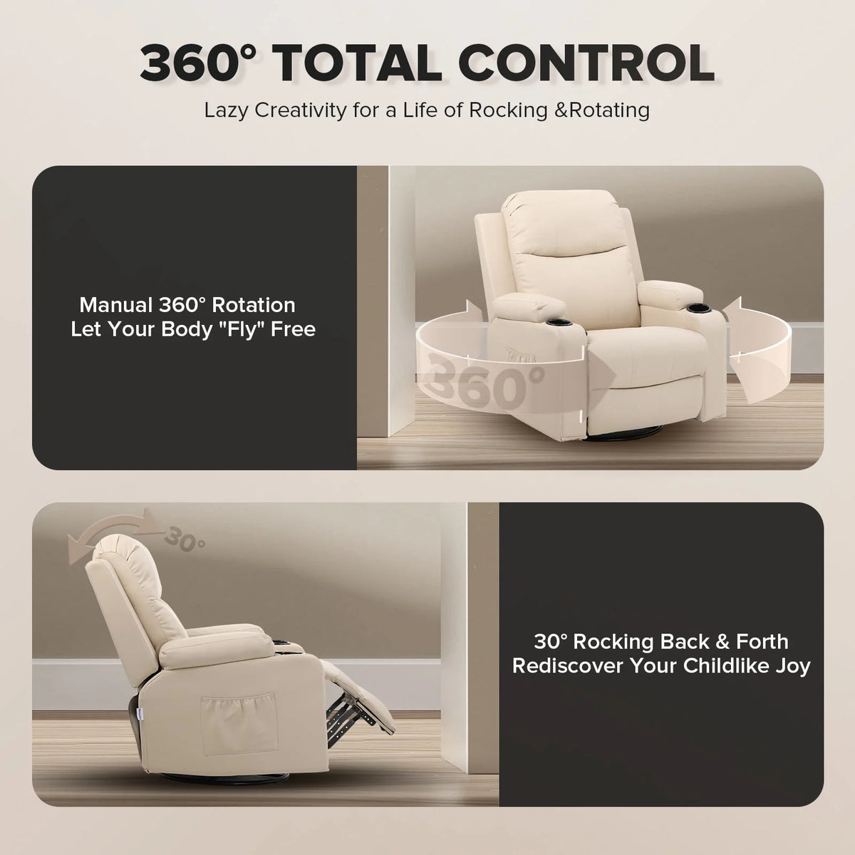 Black PU Leather Swivel Rocker Recliner Chair with Heat and Massage M313972