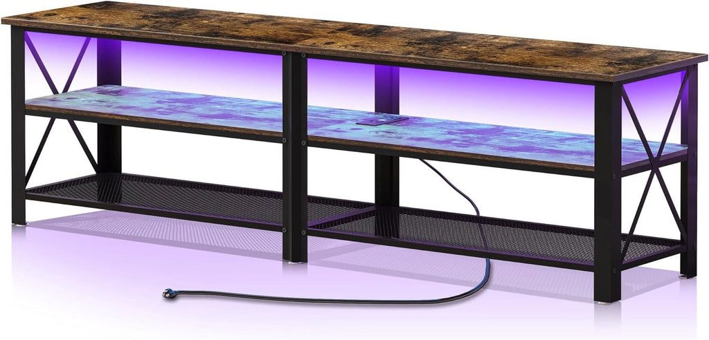 Brown 71 inch Metal TV Stand with LED Lights and Power Outlets W4781