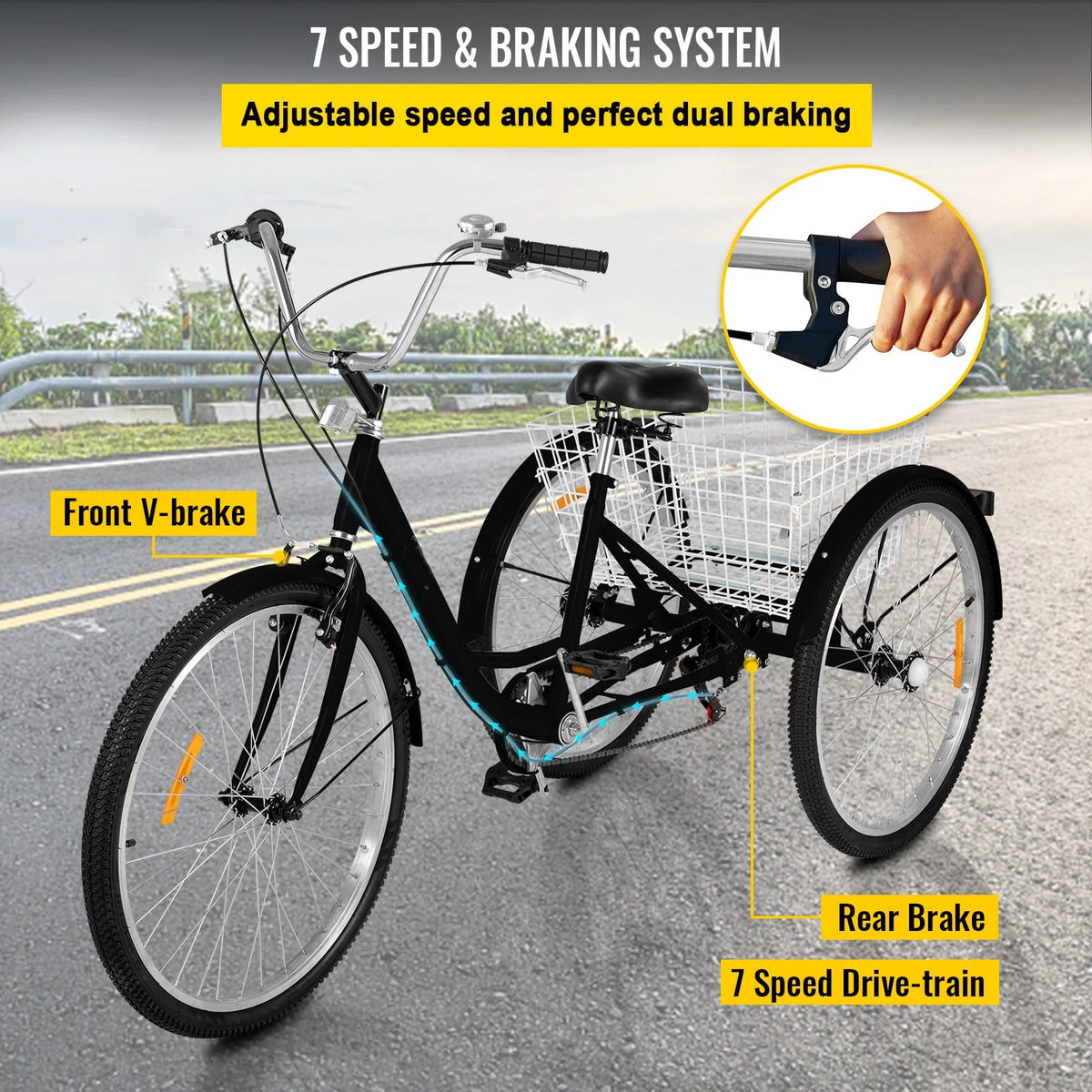 7-Speed 3 Wheel Adult Tricycle 24'' Yellow with Large Basket L516848